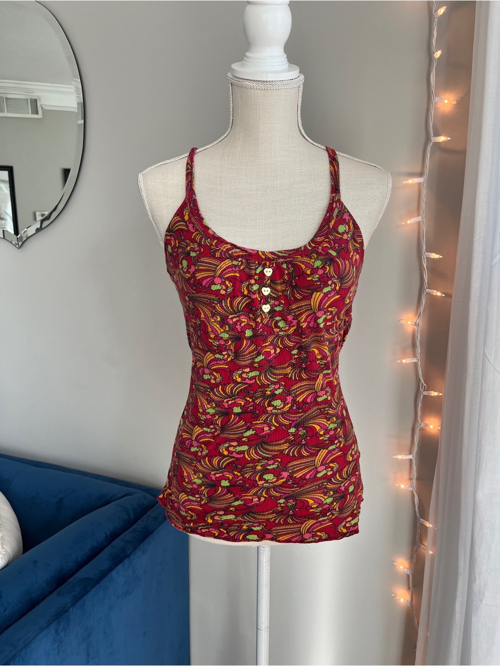 Damsel UO 2004 Red Whimsy Tank with Heart Buttons Y2K